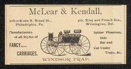 Trade Card printed for McLear and Kendall Carriage Manufacturers in Wilmington, Delaware.