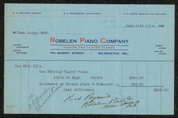 Billhead for the purchase of a Behning Player Piano from the Robelen Piano Company in Wilmington, Delaware.