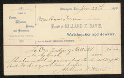 Billhead, Millard F. Davis, Watchmaker and Jeweler, November 29, 1889