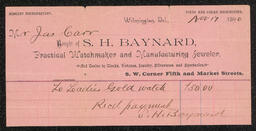 Billhead for a Ladies' Gold Watch sold by S. H. Baynard, Watchmaker and Jeweler, November 17, 1890