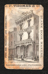 Advertising Card showing the front of C.F. Thomas and Co., booksellers and stationers, 1879.