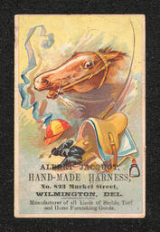 Trade card printed for Albert Jacquot, a saddle manufacturer in Wilmington. The design on the card shows a horse and a jockey saddle, helmet, and boots. Information is printed along the bottom edge.
