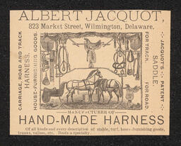 Advertisement cut out from a Wilmington directory for Albert Jacquot, a saddle manufacturer in the city.