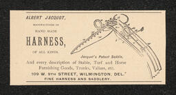 Advertisement for a patented saddle sold by Albert Jacquot, a saddle manufacturer in Wilmington.