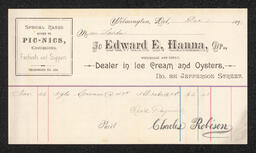 Billhead, Edward E. Hanna, Oysters and Ice Cream, December 1, 1891