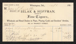 Billhead from Selak and Hoffman, Inc., a cigar, pipe, and tobacco dealer in Wilmington.