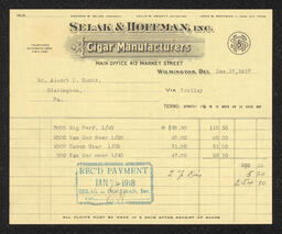Billhead for the sale of a large amount of cigars and tabacco by Selak and Hoffman, dealers in Wilmington.