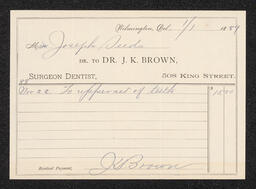 Billhead, Dr. J.K. Brown, Dentist, January 1, 1889