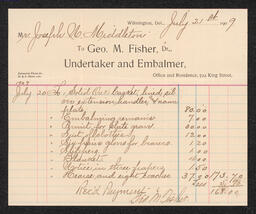 Billhead for purchase of various services from George M. Fisher, an undertaker and embalmer in Wilmington.
