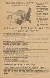 Flier distributed by the Empire State Campaign Committee showing a map of equal suffrage states and several quotes from governors of those states.