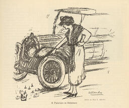 Cartoon showing a suffragist looking at the punctured tire (Delaware) of an automobile (Amendment). Caption reads: "A Puncture in Delaware."  