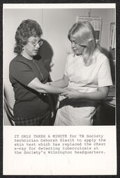 Deborah Glazik skin test demonstration with typed caption, 1972