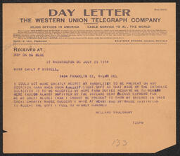 Telegram, Willard Saulsbury to Emily Bissell, July 25, 1914