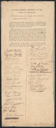 Printed memorial of the Abolition Society to the General Assembly of Delaware with original signatures, 1786