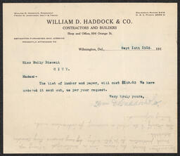 Letter, William D. Haddock & Co. to Emily Bissell, September 14, 1916, part 1
