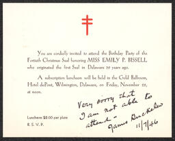 Invitation and letter, James Buckelew (?) to Delaware Anti-Tuberculosis Society, November 7, 1946