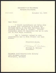 Letter, William S. Carlson to Delaware Anti-Tuberculosis Society, November 11, 1946