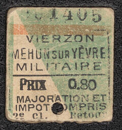 A return ticket stub from Vierzon to Mehun-sur-Yèvre issued by the military, priced at 0.80 francs.