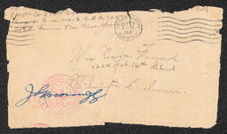 Front fragment of an envelope addressed to William H. Furrowh's mother, Anna Furrowh, which includes international airmail stamps as well as a seal confirming it has passed government censorship.