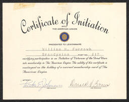Certificate of William H. Furrowh's initiation into the Brandywine American Legion, date unknown