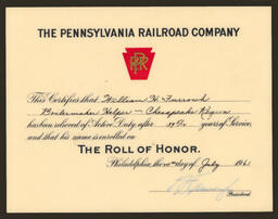 Award from Pennsylvania Railroad for the Roll of Honor, 1961
