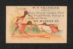 Trade card, W.N. Chandler, Seeds and Birds, three birds