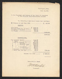 Document from the treasurer of the Delaware Anti-Tuberculosis Society recording financial receipts and disbursements from June 15, 1914 to July 13, 1914.