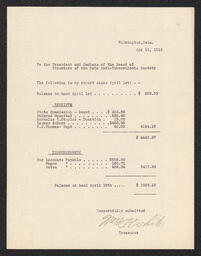 Document from the treasurer of the Delaware Anti-Tuberculosis Society recording financial receipts and disbursements from April 1, 1915 to April 19, 1915.