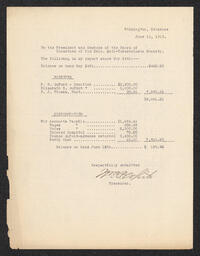 Document from the treasurer of the Delaware Anti-Tuberculosis Society recording financial receipts and disbursements from May 24, 1915 to June 14, 1915.