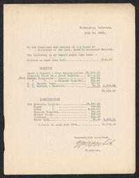 Document from the treasurer of the Delaware Anti-Tuberculosis Society recording financial receipts and disbursements from June 14, 1915 to July 26, 1915. 