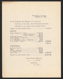 Document from the treasurer of the Delaware Anti-Tuberculosis Society recording financial receipts and disbursements from December 20, 1915 to January 24, 1916.