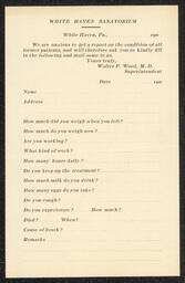 White Haven Sanatorium former patient questionnaire, undated