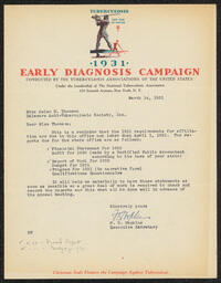 Letter from F.D. Hopkins, executive secretary at the National Tuberculosis Association, requesting documents from the Delaware Anti-Tuberculosis Association for renewing their affiliation with the national organization.
