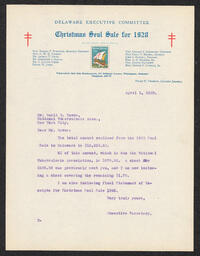 Letter notifying the National Tuberculosis Association how much money the Christmas seal sale earned in Delaware and paying the national group five percent of the earnings. 