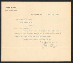 Letter to Emily P. Bissell from John Biggs, December 29, 1911