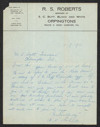Letter from R.S. Roberts on chickens for Hope Farm, March 7, 1911