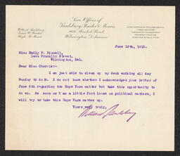 Letter to Emily P. Bissell from Willard Saulsbury, June 16, 1912