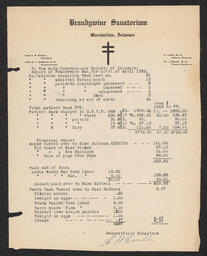 Report for Brandywine Sanatorium for the month of April 1923, including patient information and summary of finances.
