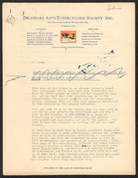 Letter likely written by Doyle Hinton around March 1934 requesting comments and feedback on a bulletin or leaflet created for promoting the Delaware Anti-Tuberculosis Society.