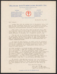 Public letter from Doyle Hinton, Executive Secretary of the Delaware Anti-Tuberculosis Society, announcing that the office would be discontinuing the 1907 Christmas seal and no longer selling it. Doyle goes on to suggest other dealers who may be able to supply the 1907 seals.
