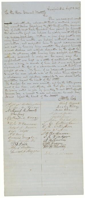 Letter from Delaware governor W.H. Ross to Wooten discusses the case of an "unruly" enslaved person named Minus, September 8, 1857.