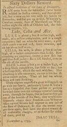 Advertisement, reward for freedom seekers Luke, Celia, and Alce in the Delaware Gazette, November 11, 1795