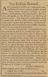 Advertisement, reward for freedom seeker Alice in the Delaware Gazette, August 22, 1796