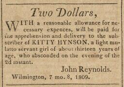 Advertisement, reward for freedom seeker Kitty Hynson in the Delaware Gazette, July 28, 1809